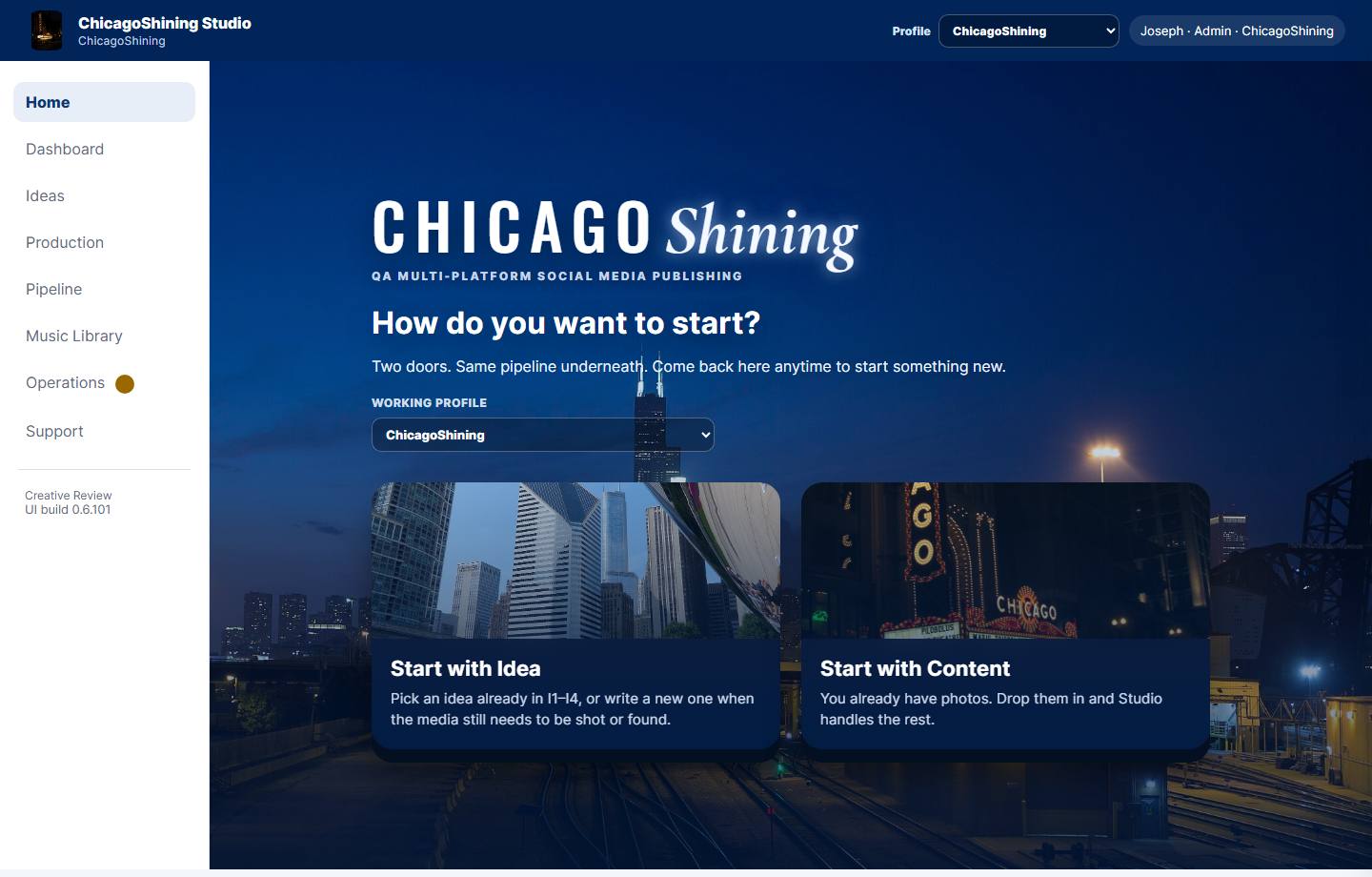 Home page with Start with Idea and Start with Content