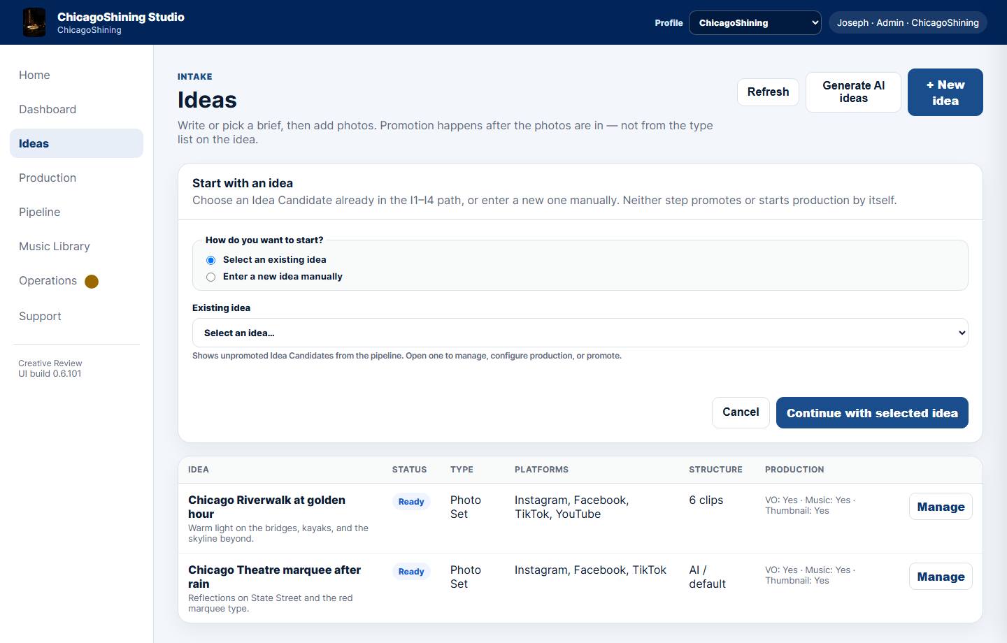 Ideas page with start form and candidate table