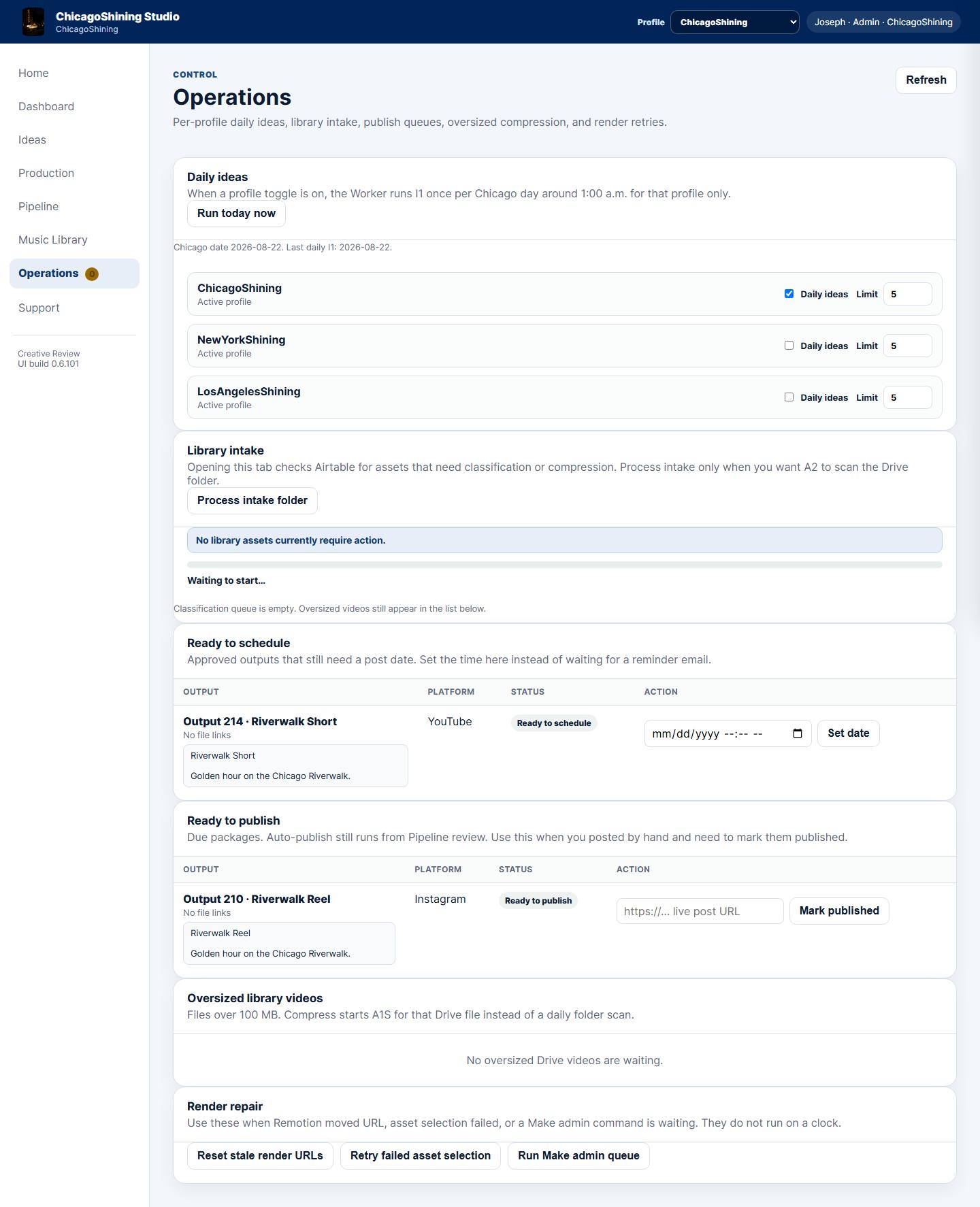 Operations page with daily ideas, intake, and publish queues