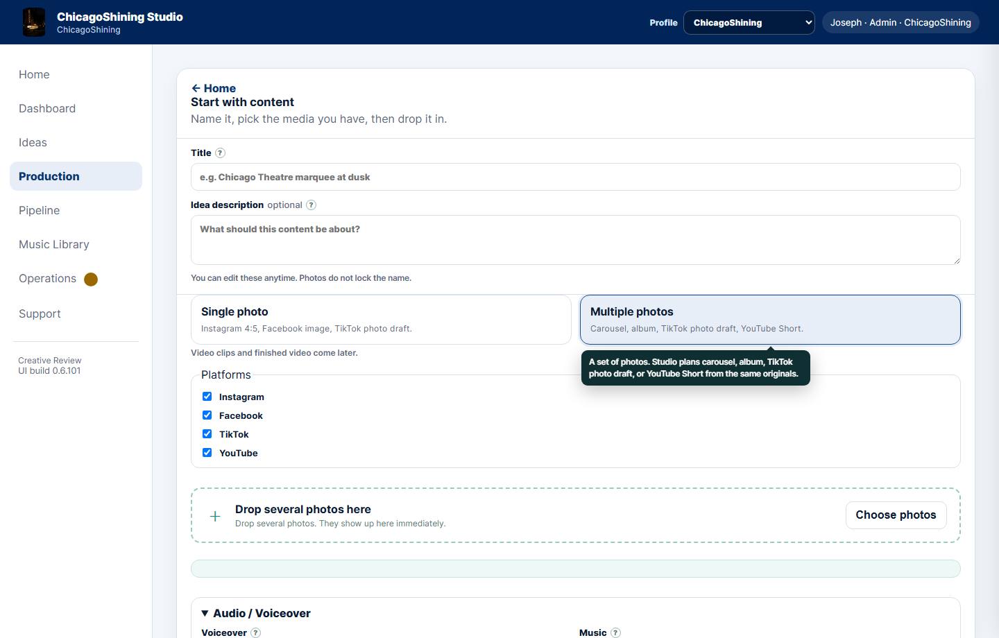 Production start-with-content screen with photo drop zone
